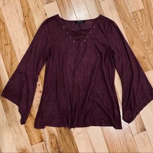 RELATIVITY Velvet Top Lace Up Bell Sleeve Purple